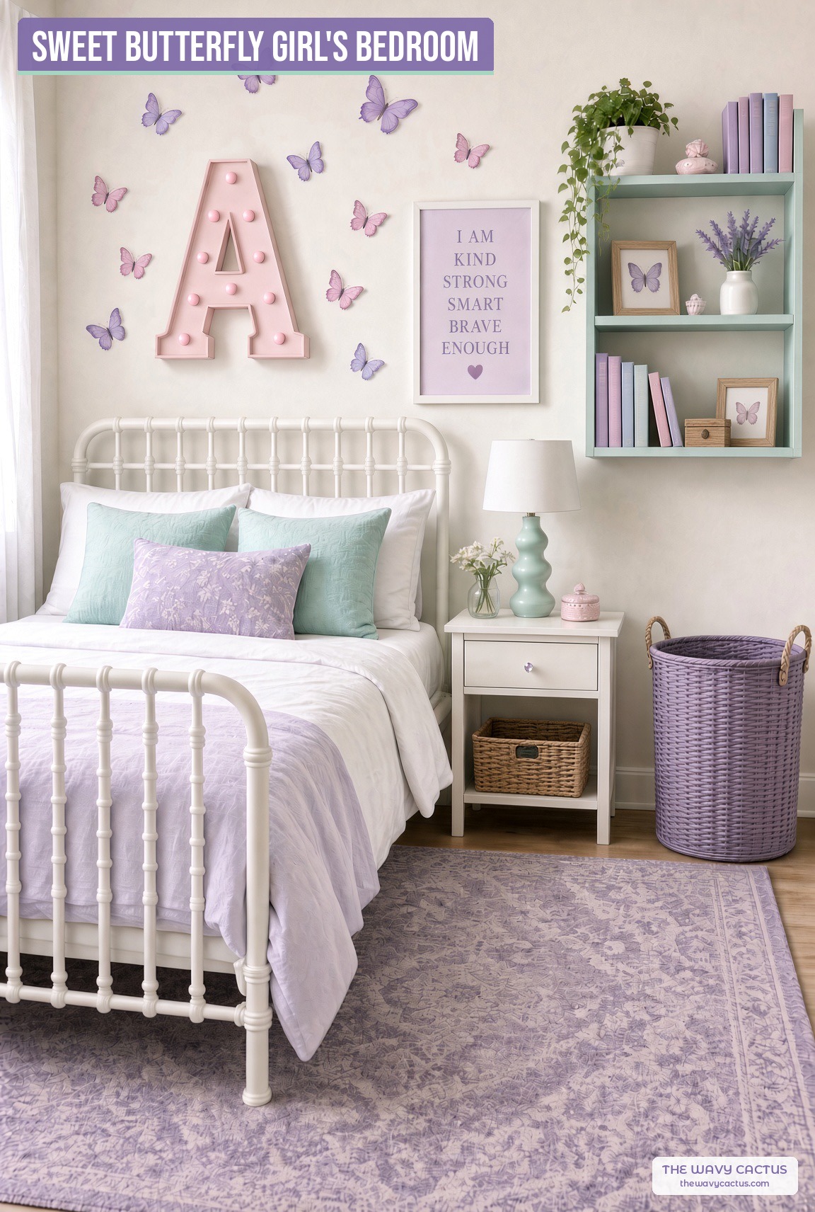 Sweet butterfly girl's bedroom in purple, mint and pink