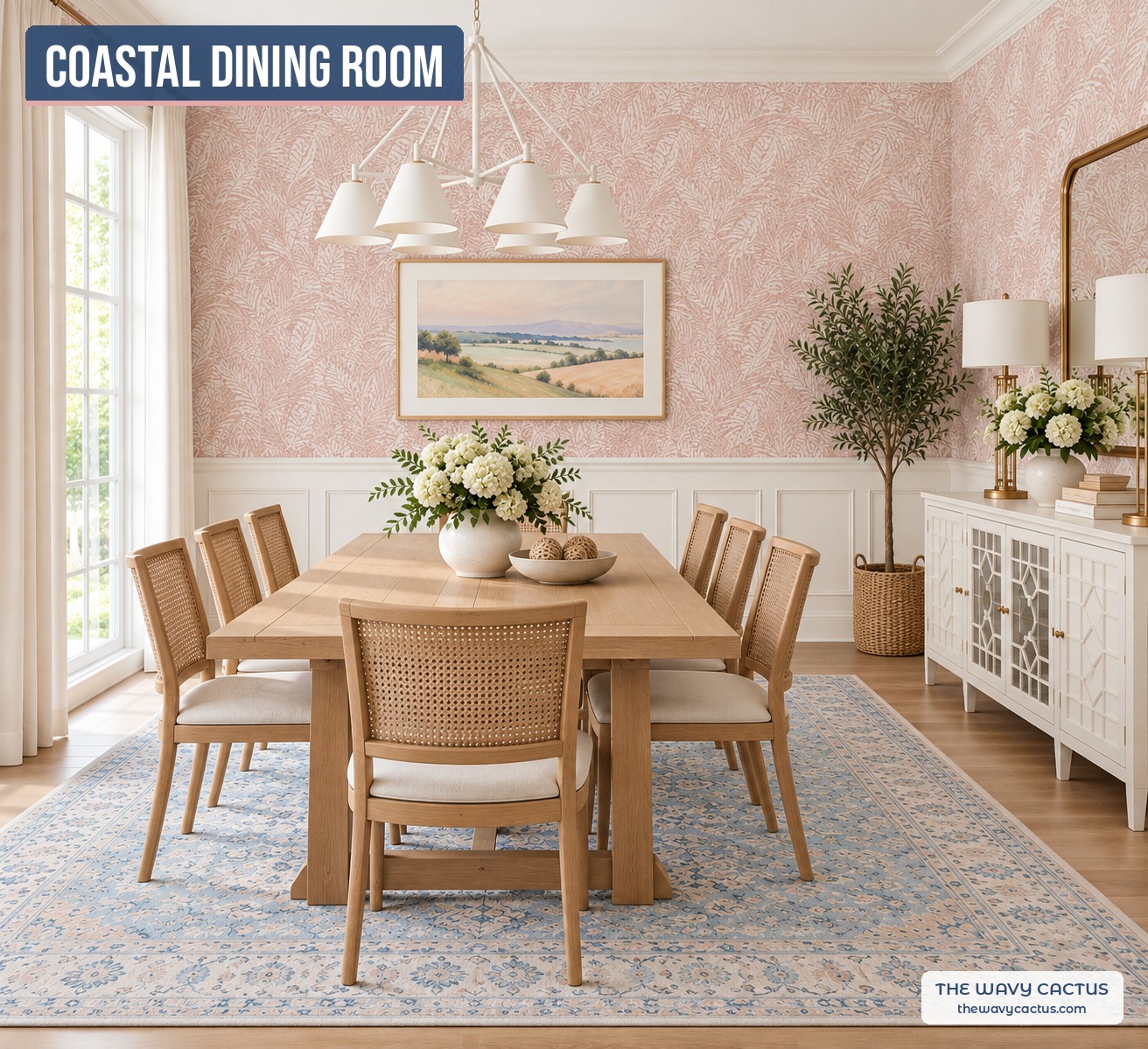 Coastal dining room with pink leaf wallpaper, oak trestle table with cane chairs, white cone chandelier, landscape print, white lattice sideboard and blue area rug