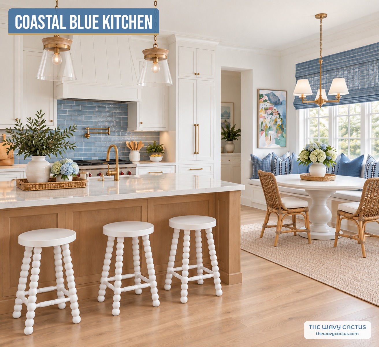 Coastal blue kitchen with white cabinets, blue subway tile backsplash, glass and brass pendants over an oak island with white spindle stools, and a breakfast nook with a white pedestal table, rattan chairs and blue pillows