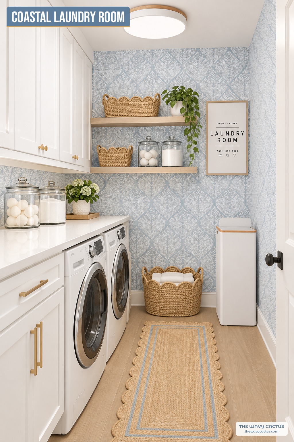 Coastal laundry room with blue damask wallpaper, white shaker cabinets with brass pulls, front-load washer and dryer, oak floating shelves with woven baskets and glass jars, a Laundry Room sign, and a scalloped jute runner