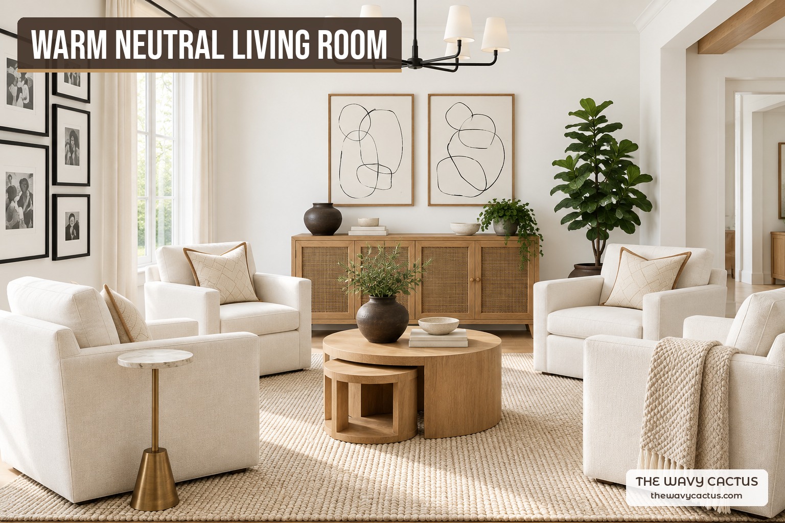 Warm neutral living room with cream swivel chairs, round wood nesting coffee tables, rattan sideboard, line art prints, black chandelier and faux fiddle leaf fig