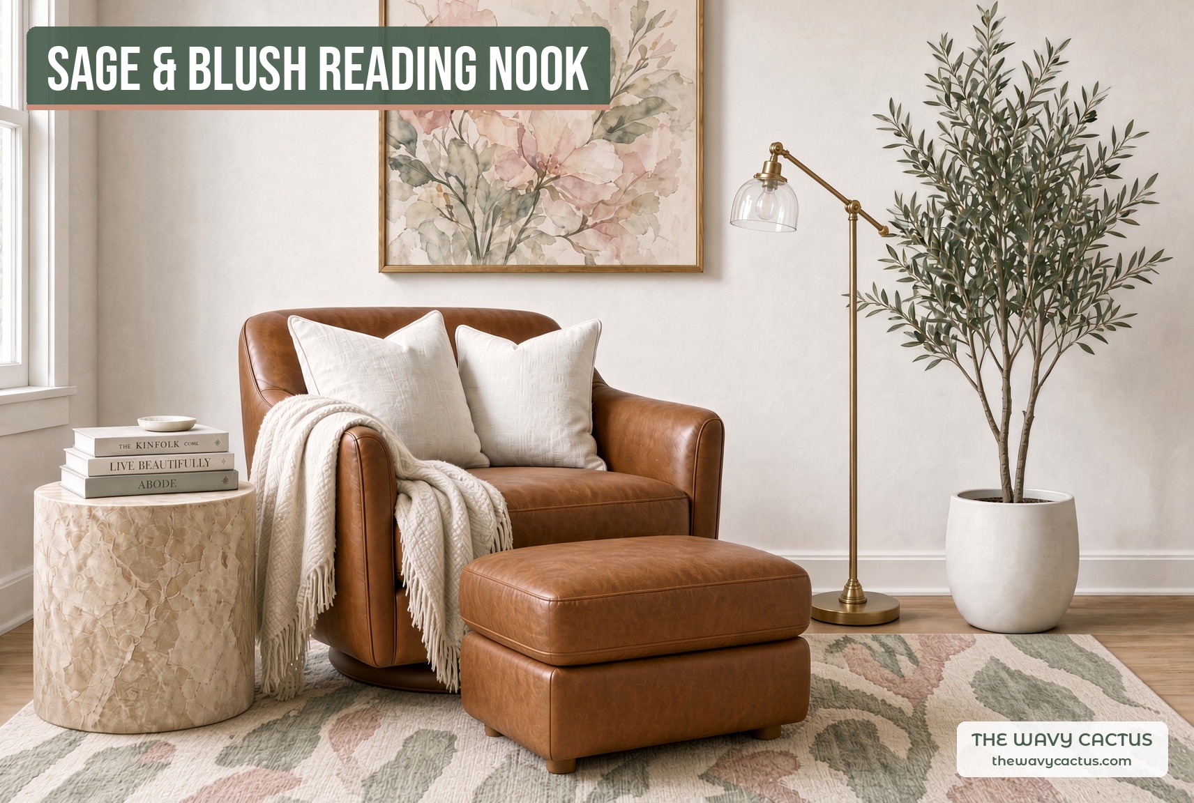 Cozy sage and blush reading nook with cognac leather swivel chair, ottoman, floral watercolor art, brass floor lamp and faux olive tree