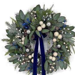 Blue Velvet Bow Christmas Wreath