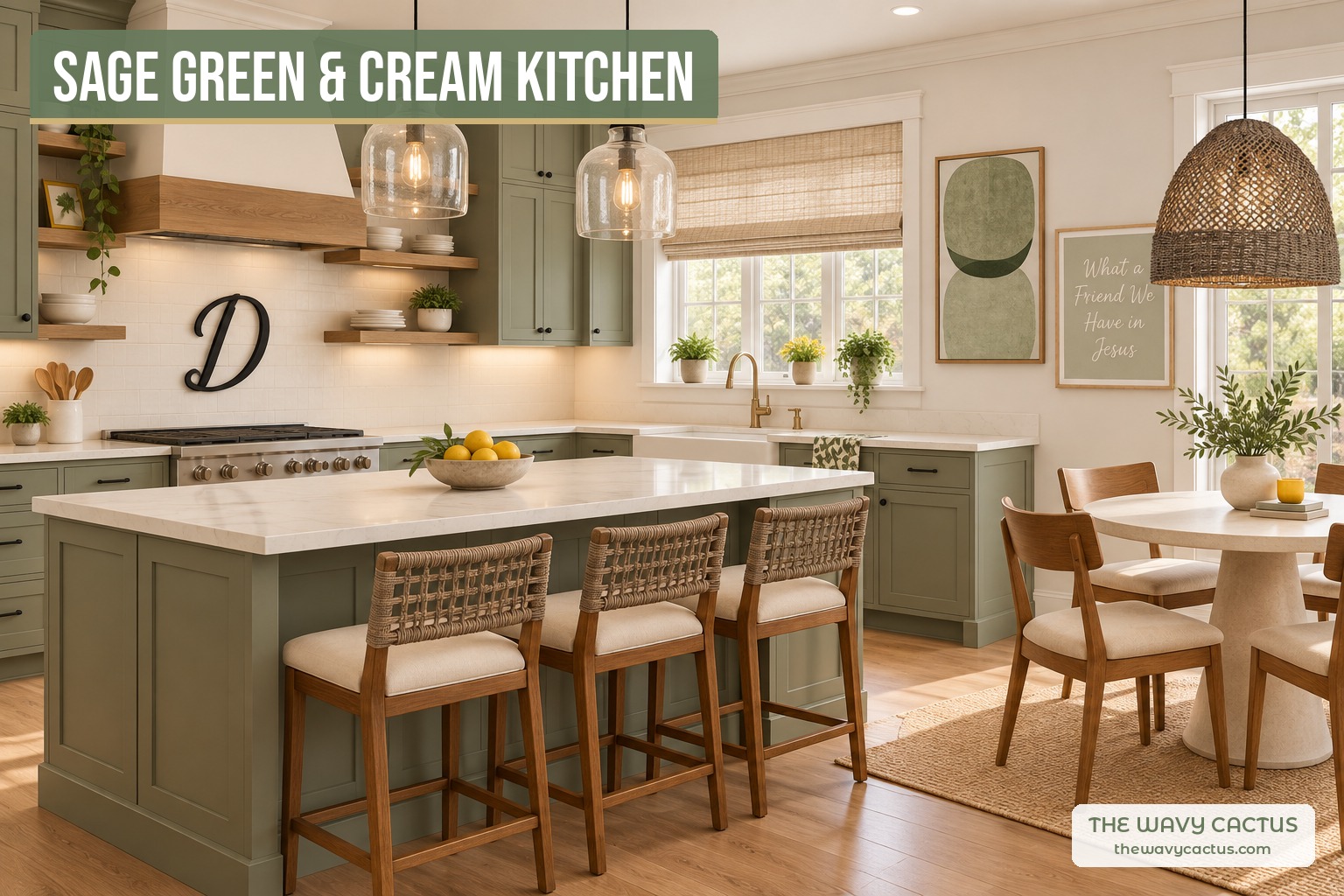 Sage green and cream kitchen with sage shaker cabinets, cream subway tile, glass pendants over a white island with woven counter stools, a script D monogram sign, and a breakfast nook with a rattan dome pendant, round table and wood chairs