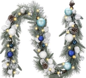 Pre-Lit Garland With Blue & White Ornaments