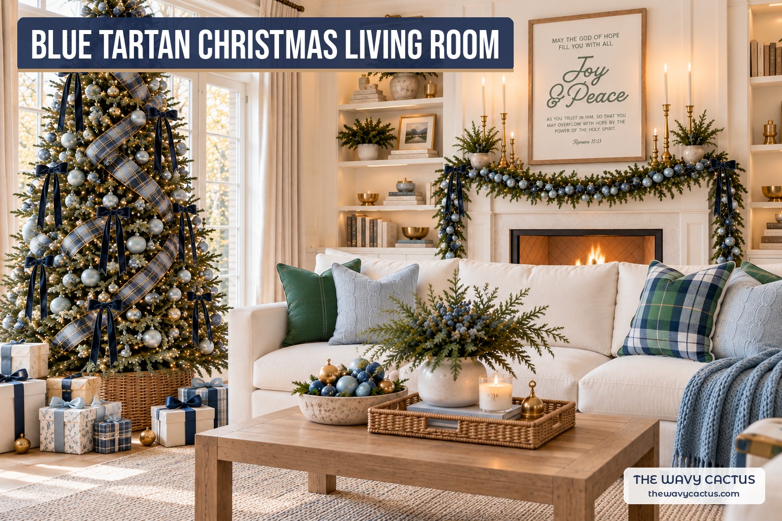 Blue tartan Christmas living room with Joy and Peace print, navy velvet bows, blue bead garland, plaid pillows and cozy throws