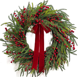 Evergreen & Red Berry Wreath with Velvet Bow