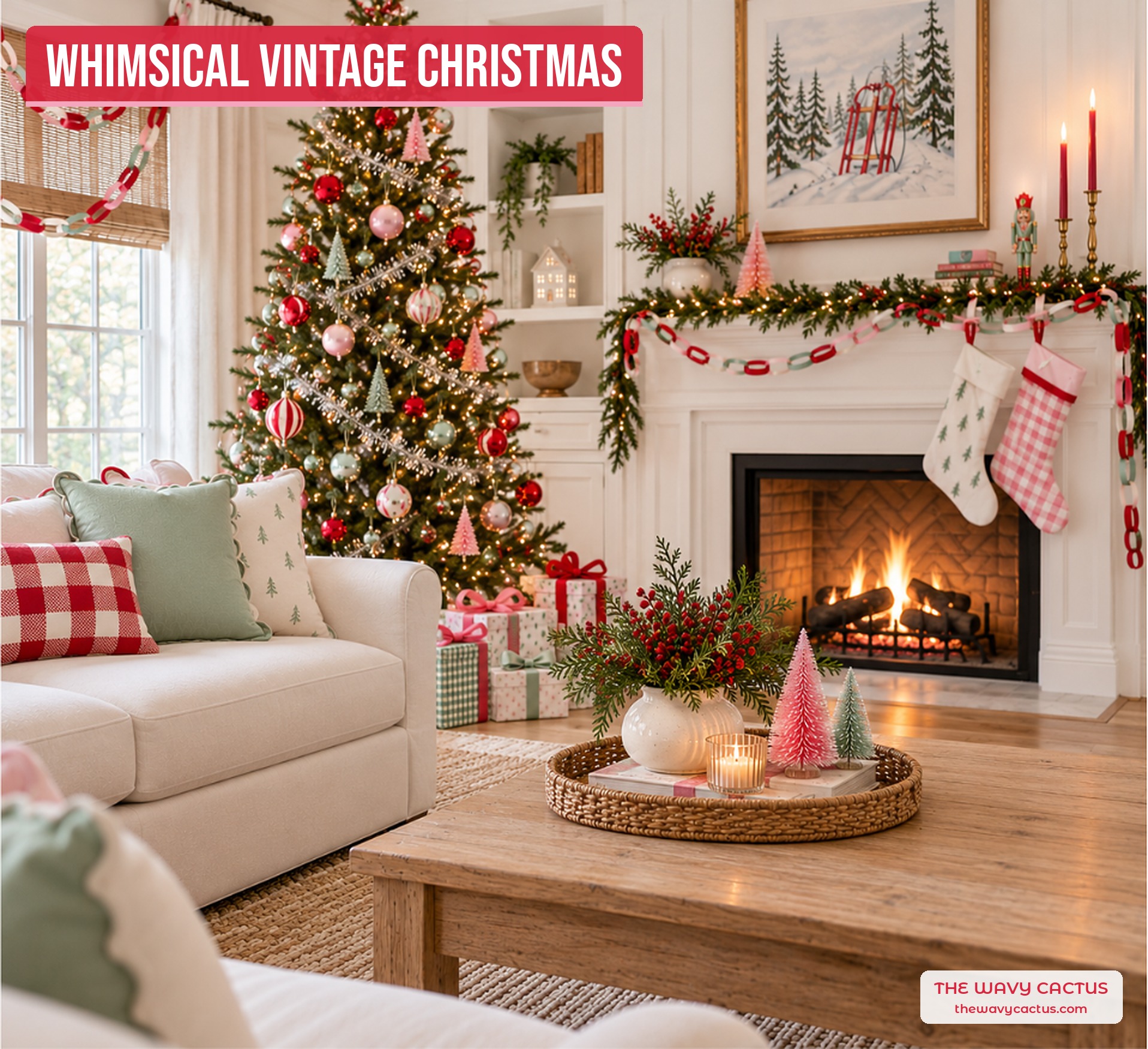 Whimsical vintage Christmas family room with a pink, red, and mint ornament tree, mint velvet and red buffalo check pillows, a greenery mantel garland with stockings and a nutcracker, and pink bottle brush trees on a woven tray